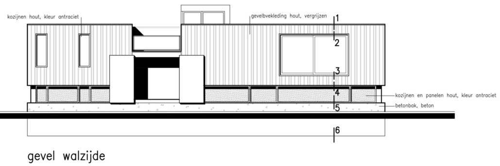 Gevel walzijde van Woonark met twee bed- en breakfast eenheden in de Rotte